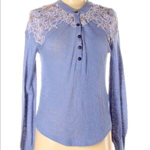 Free People Blue Embroidered Shoulder Henley
